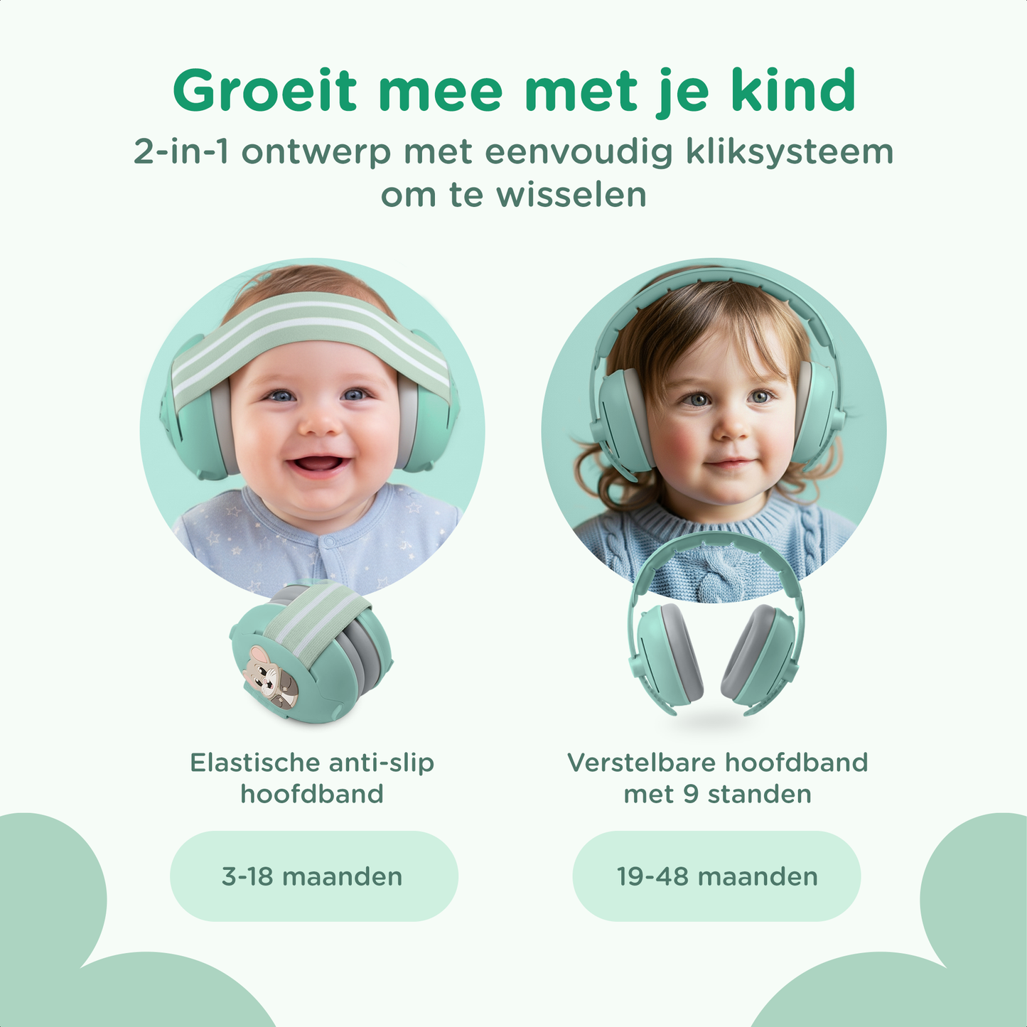 Muisstil® Gehoorbescherming Baby – Gecertificeerde Oorkappen voor baby’s en Peuters – Premium Oorbeschermers Baby - Koptelefoon Baby – Kinderkoptelefoon – 25 dB Bescherming – Groen