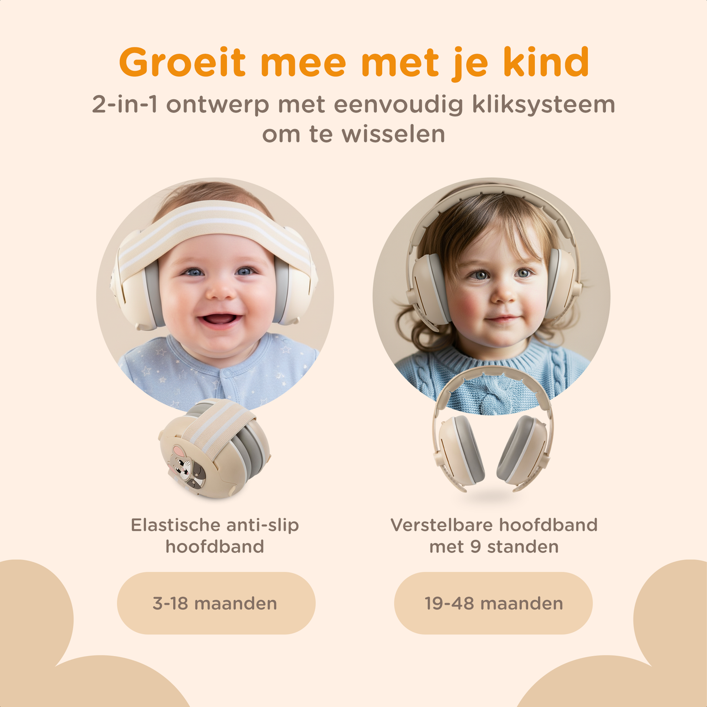 Muisstil® Gehoorbescherming Baby – Gecertificeerde Oorkappen voor baby’s en Peuters – Premium Oorbeschermers Baby - Koptelefoon Baby – Kinderkoptelefoon – 25 dB Bescherming – Beige